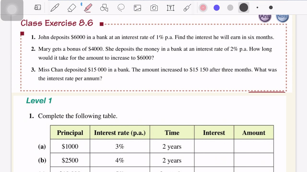S1 Ch8.6 Simple interest 單利息 Hints for Class exercise 8.6 and Ex.8.6 Q1